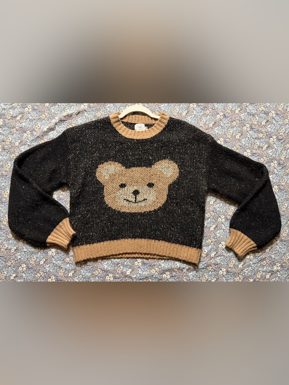 Luna Ivy Teddy Bear Knit Sweater in Black & Camel